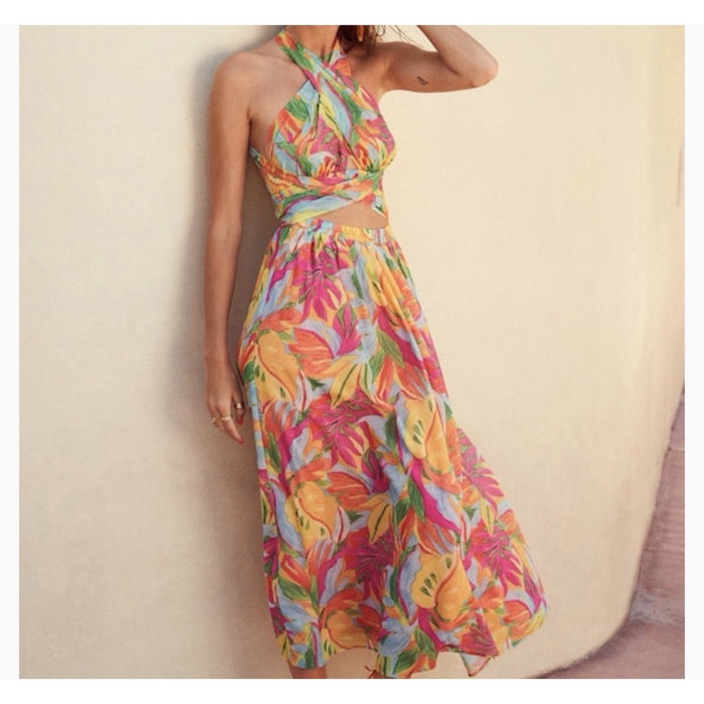 Lulus Tropics and Tequila Multi Floral Print Halter Cutout Maxi Dress